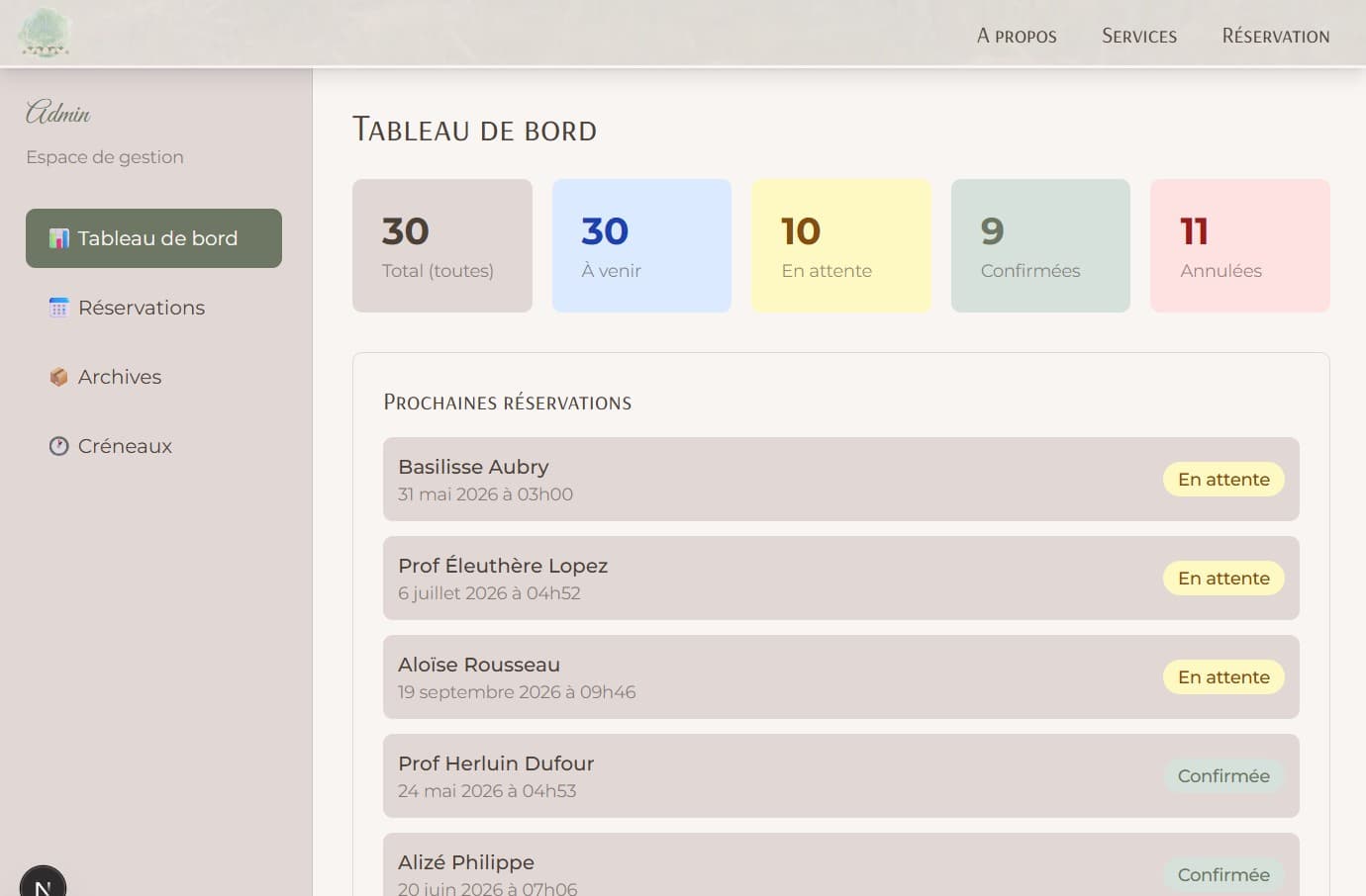 Interface admin — gestion des réservations